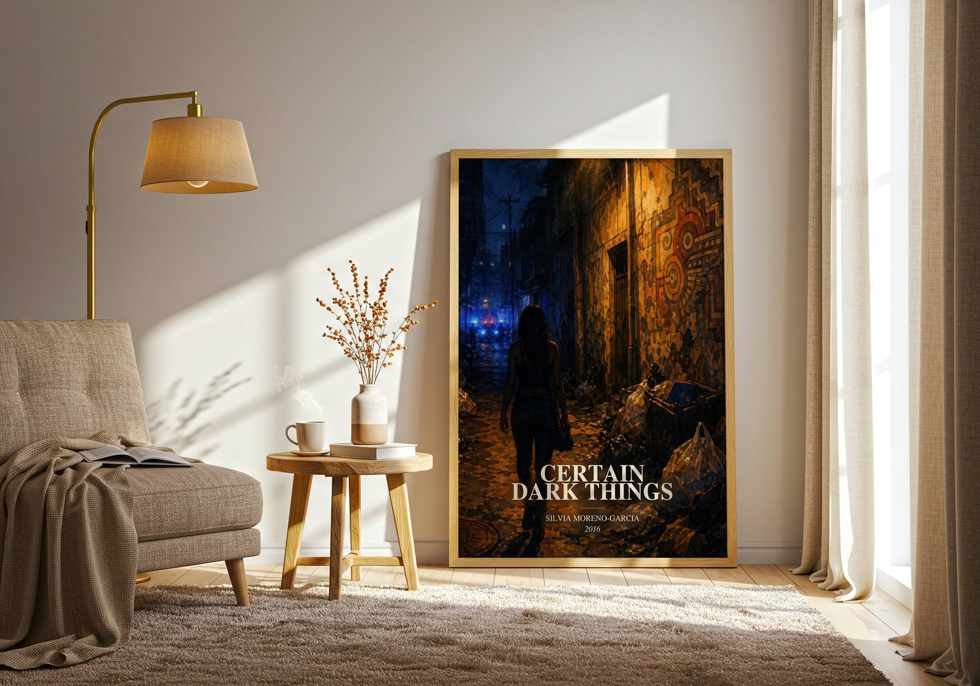 Certain Dark Things watercolour print in frame leaning in hallway – fantasy wall art