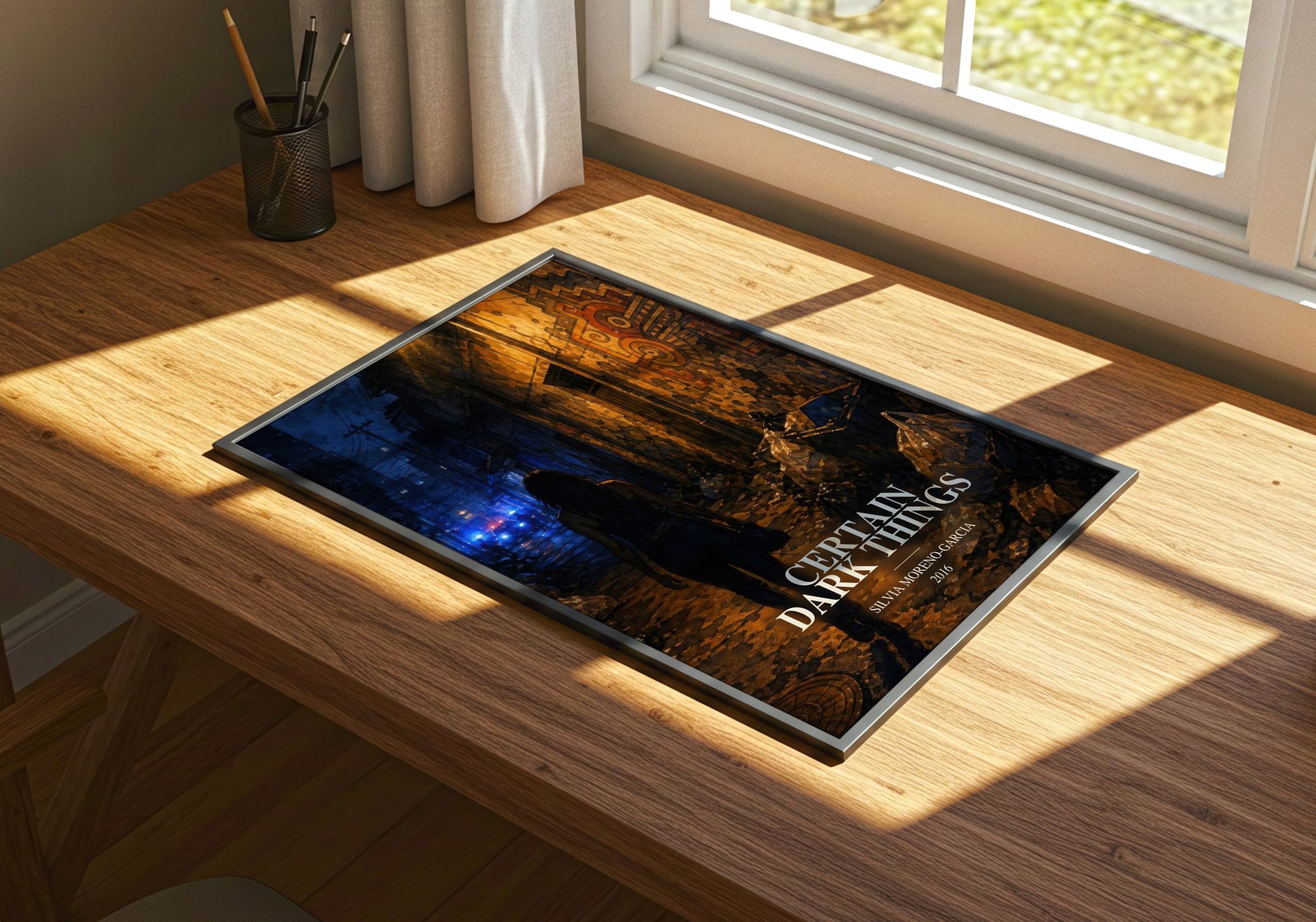 Certain Dark Things watercolour book poster framed on wall – fantasy wall art