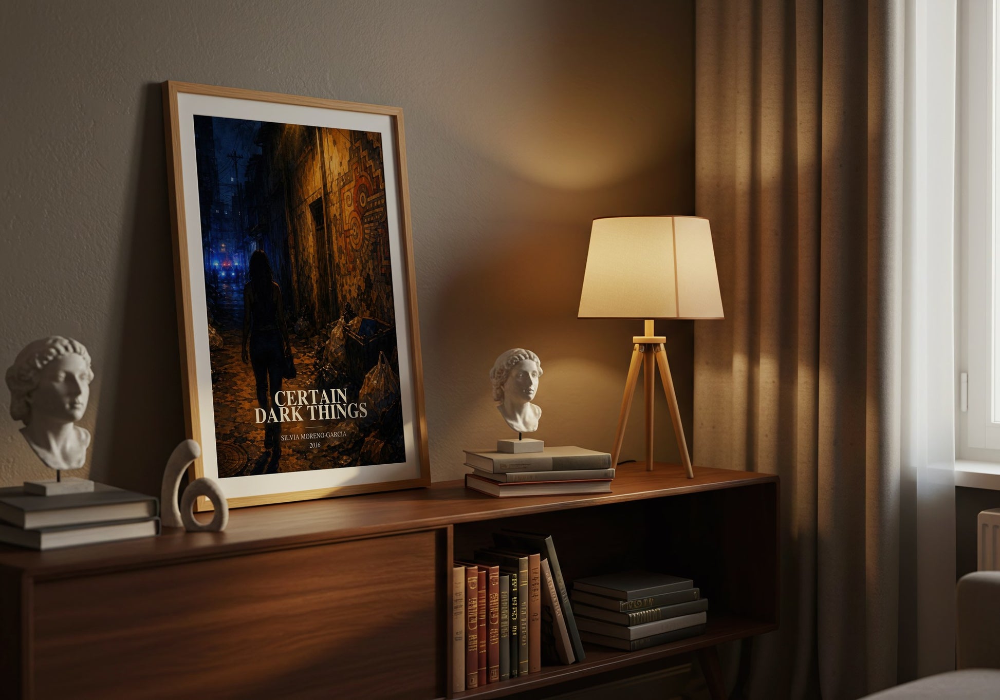 Certain Dark Things watercolour print on bookshelf – Silvia Moreno-Garcia fan gift