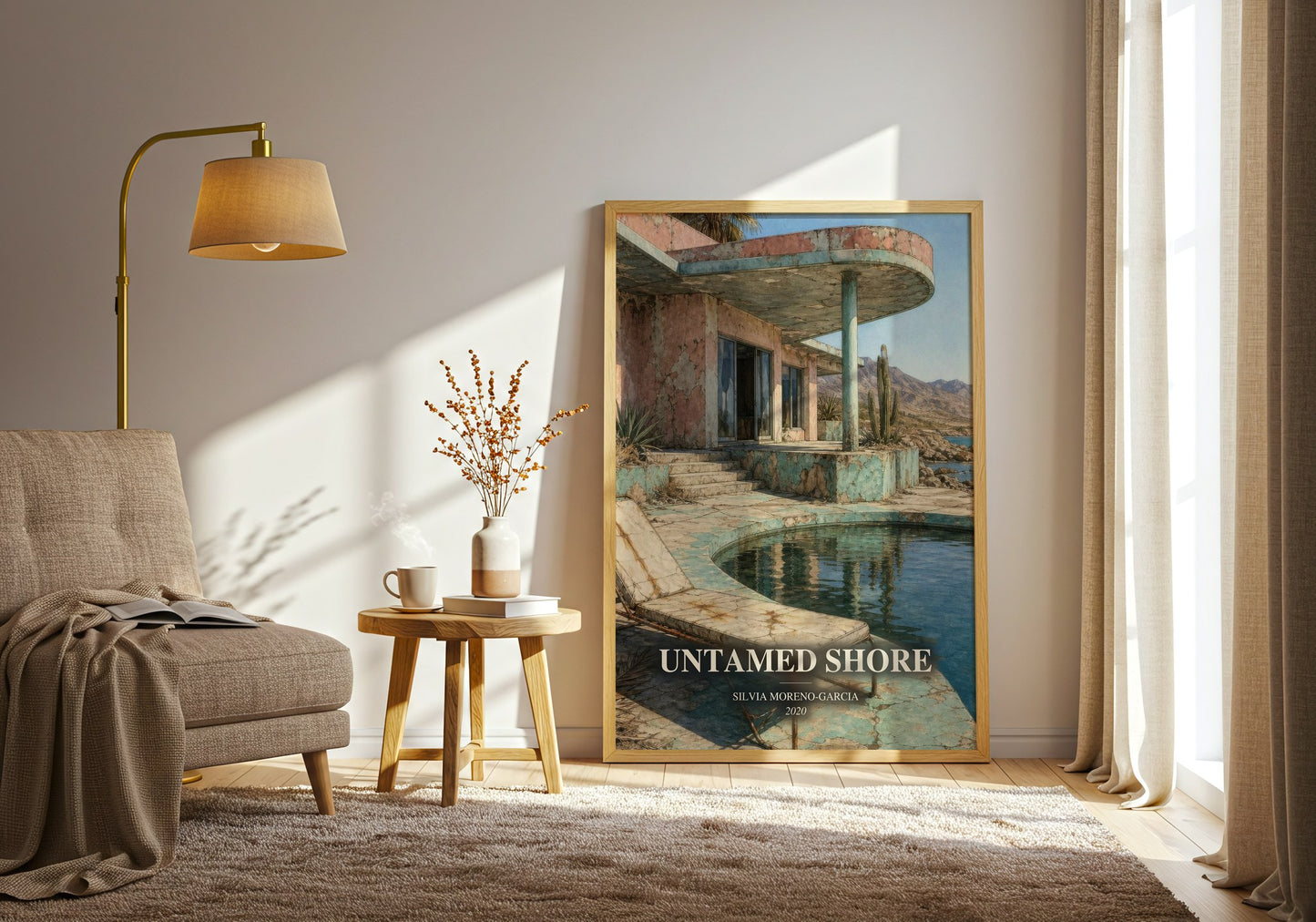 Untamed Shore watercolour print in frame leaning in hallway – thriller wall art