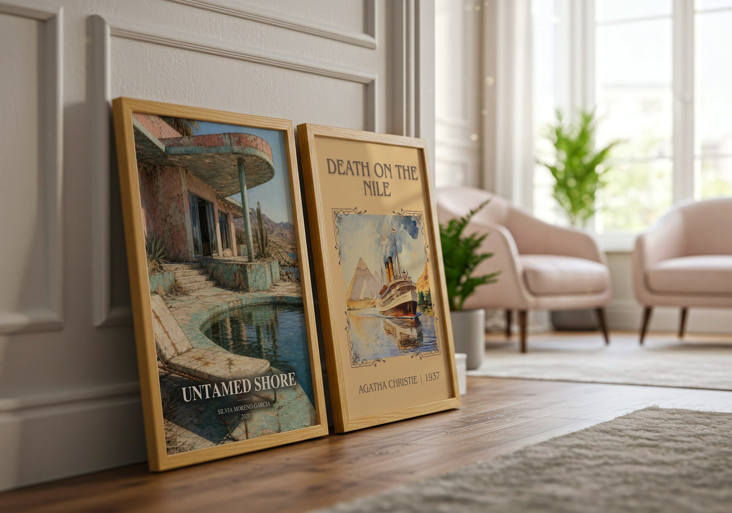 Untamed Shore watercolour print framed by window – literary home decor