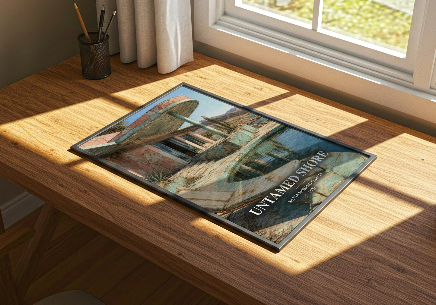 Untamed Shore watercolour book poster framed on wall – thriller wall art