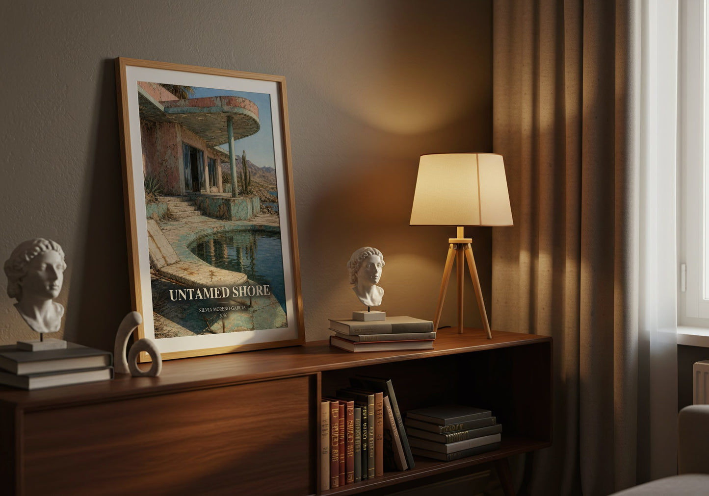 Untamed Shore watercolour print on bookshelf – Silvia Moreno-Garcia fan gift