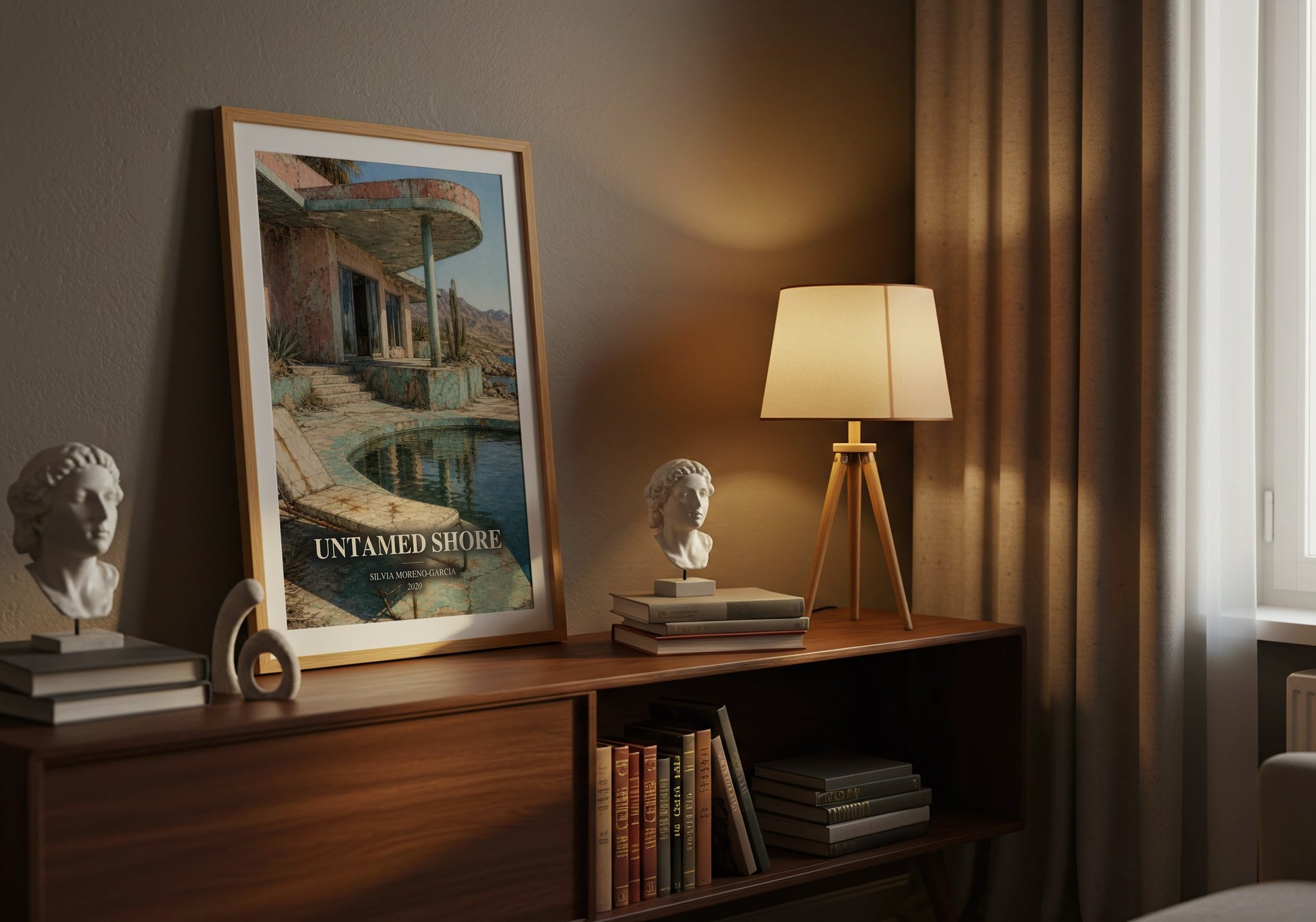 Untamed Shore watercolour print on bookshelf – Silvia Moreno-Garcia fan gift