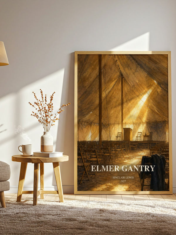 Elmer Gantry watercolour print in frame leaning in hallway – satire wall art