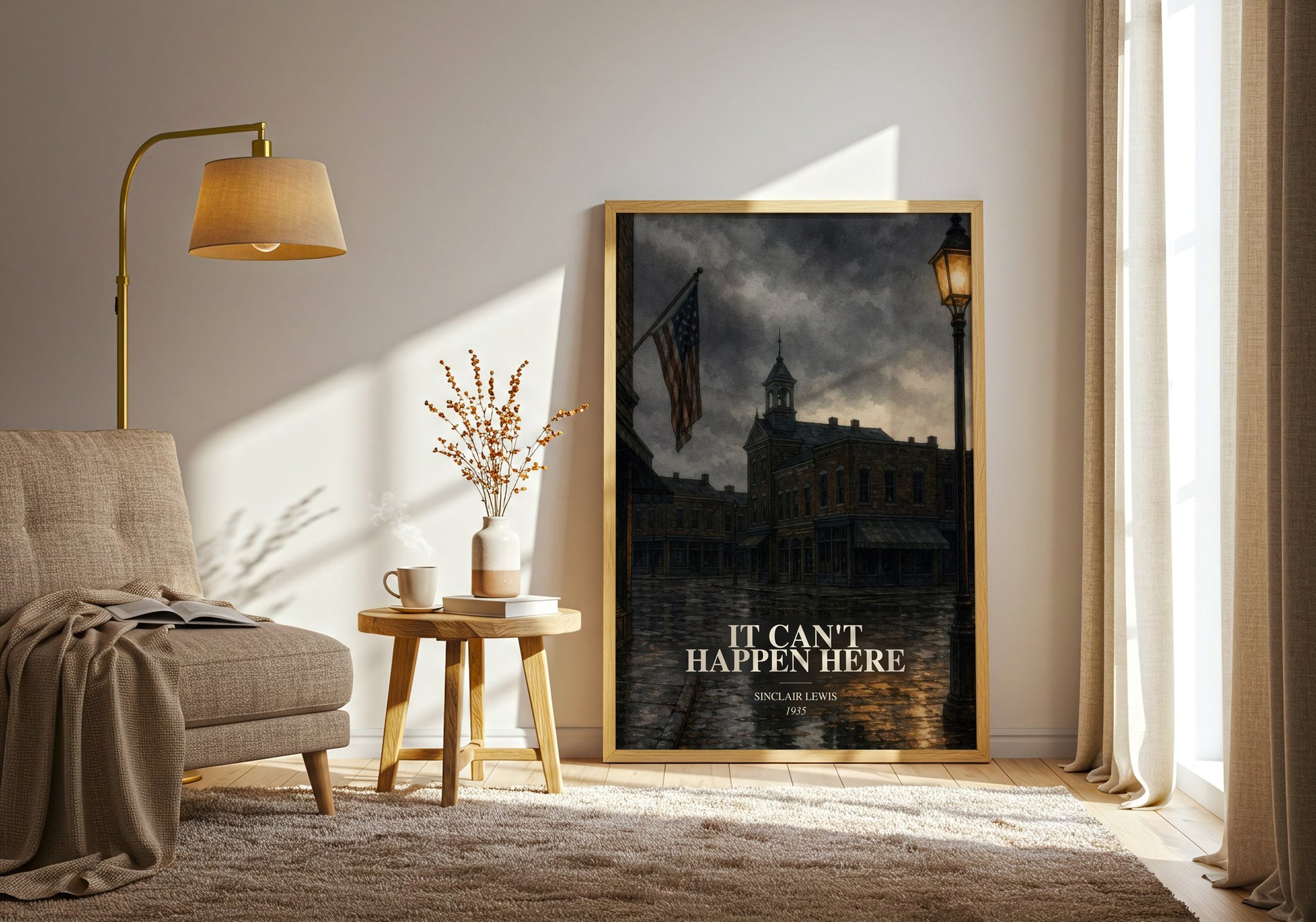It Can'T Happen Here watercolour print in frame leaning in hallway – historical fiction wall art
