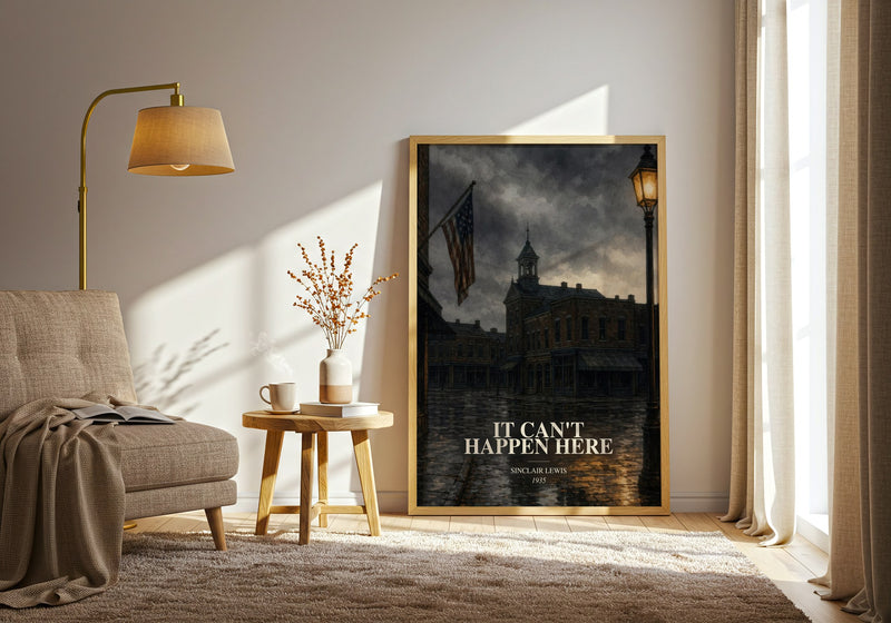 It Can'T Happen Here watercolour print in frame leaning in hallway – historical fiction wall art