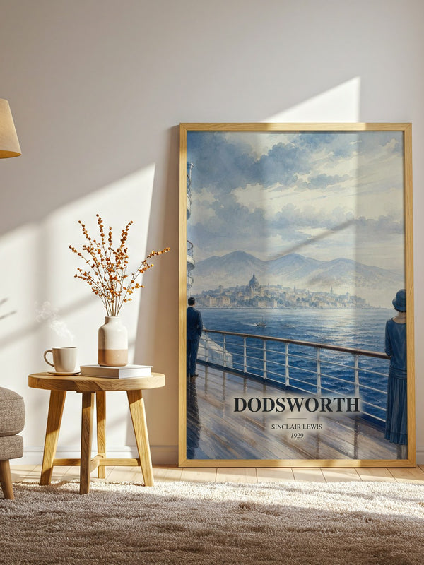 Dodsworth watercolour print in frame leaning in hallway – literary fiction wall art