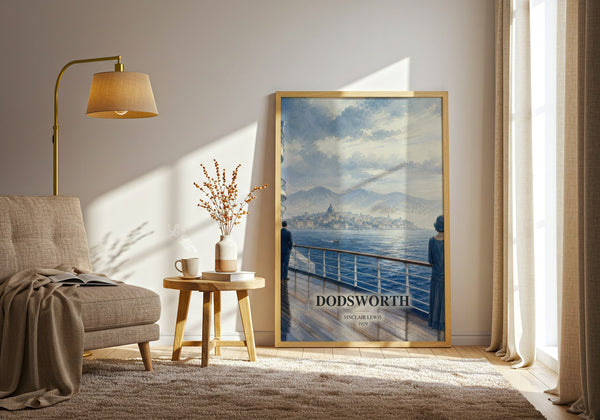 Dodsworth watercolour print in frame leaning in hallway – literary fiction wall art
