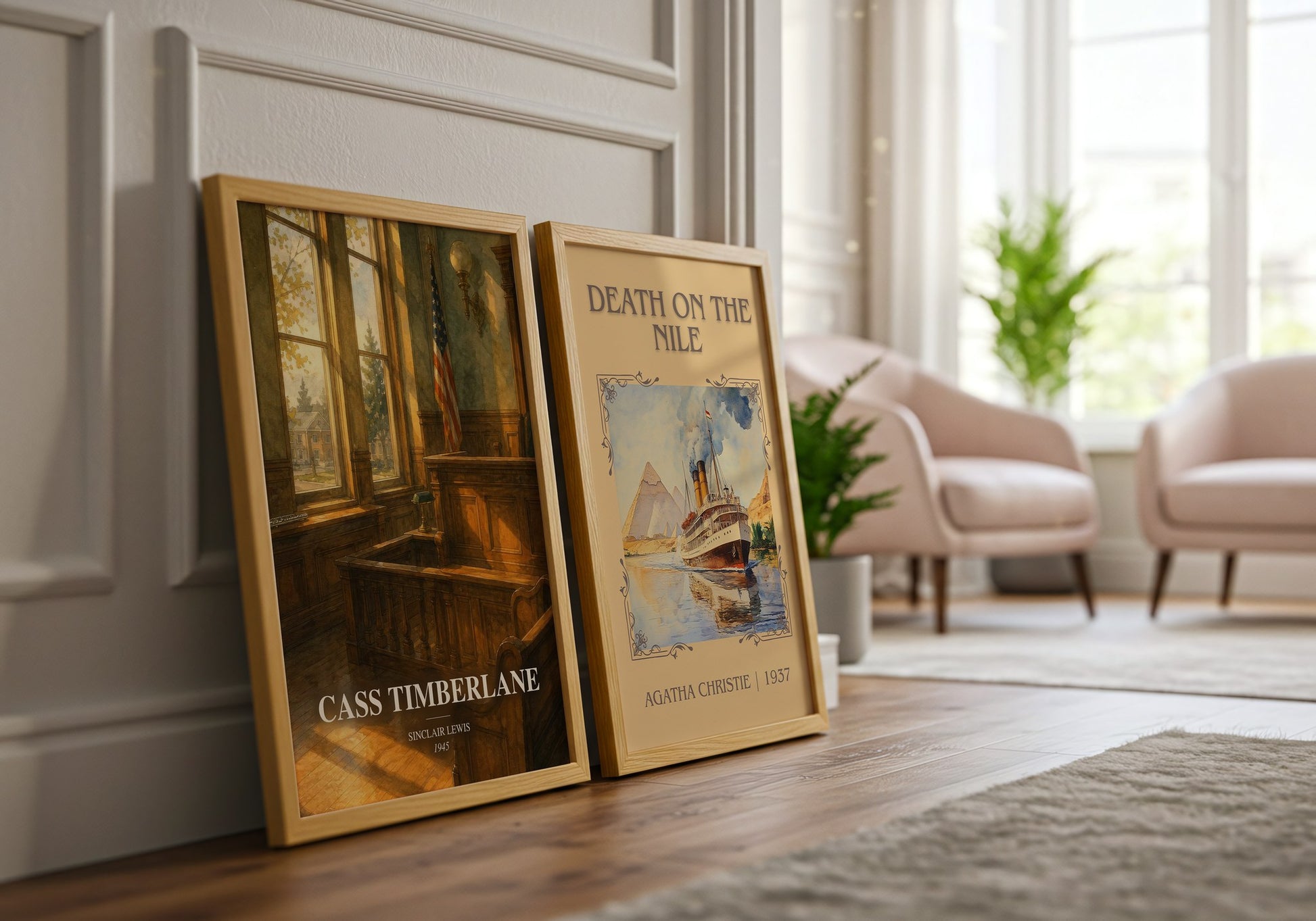 Cass Timberlane watercolour print framed by window – literary home decor