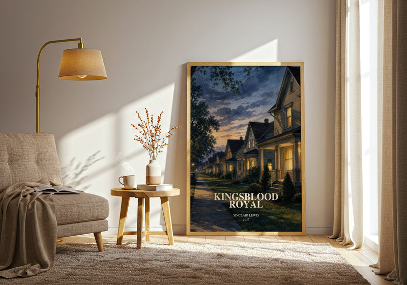 Kingsblood Royal watercolour print in frame leaning in hallway – literary fiction wall art