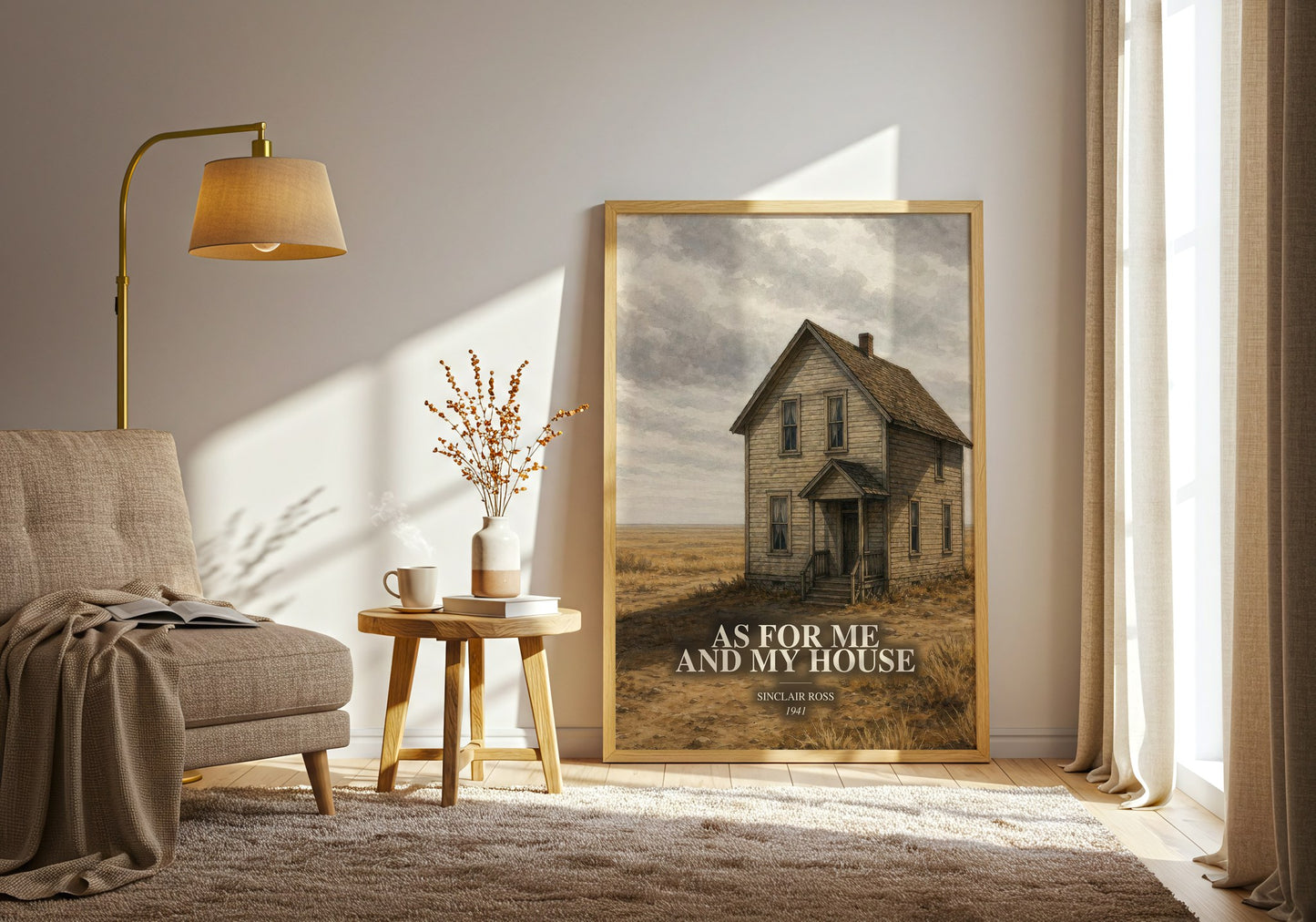 As For Me And My House watercolour print in frame leaning in hallway – literary fiction wall art