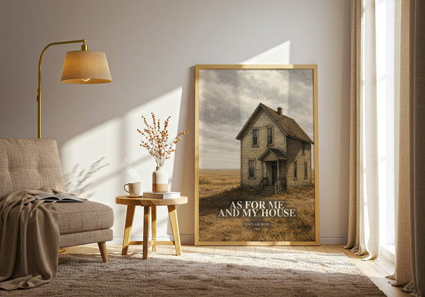 As For Me And My House watercolour print in frame leaning in hallway – literary fiction wall art