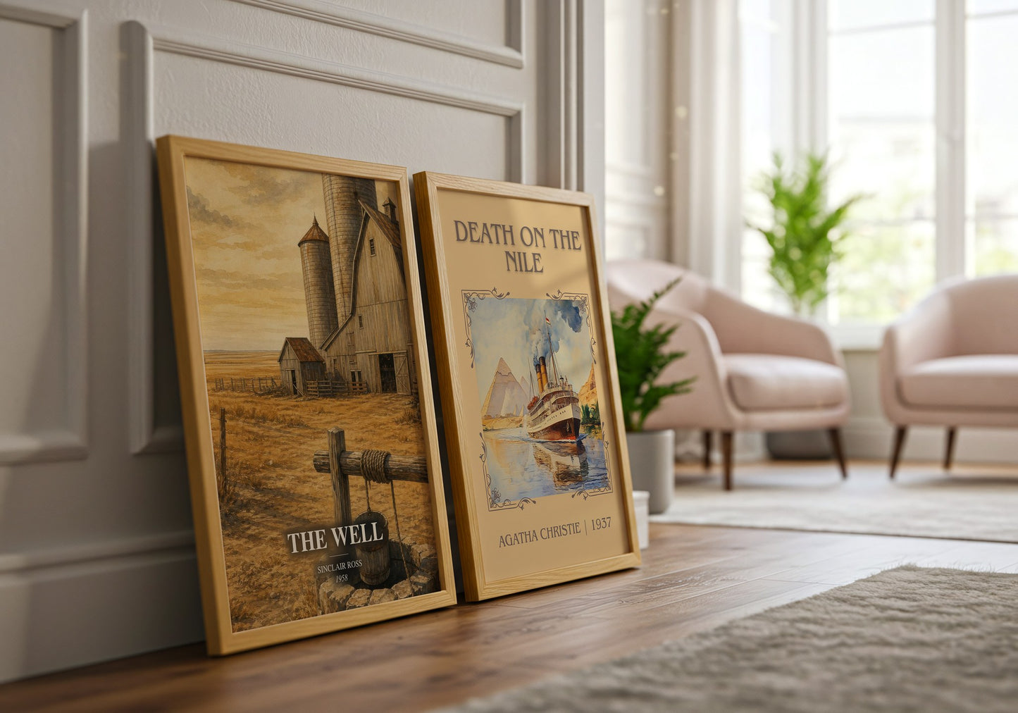 The Well watercolour print framed by window – literary home decor