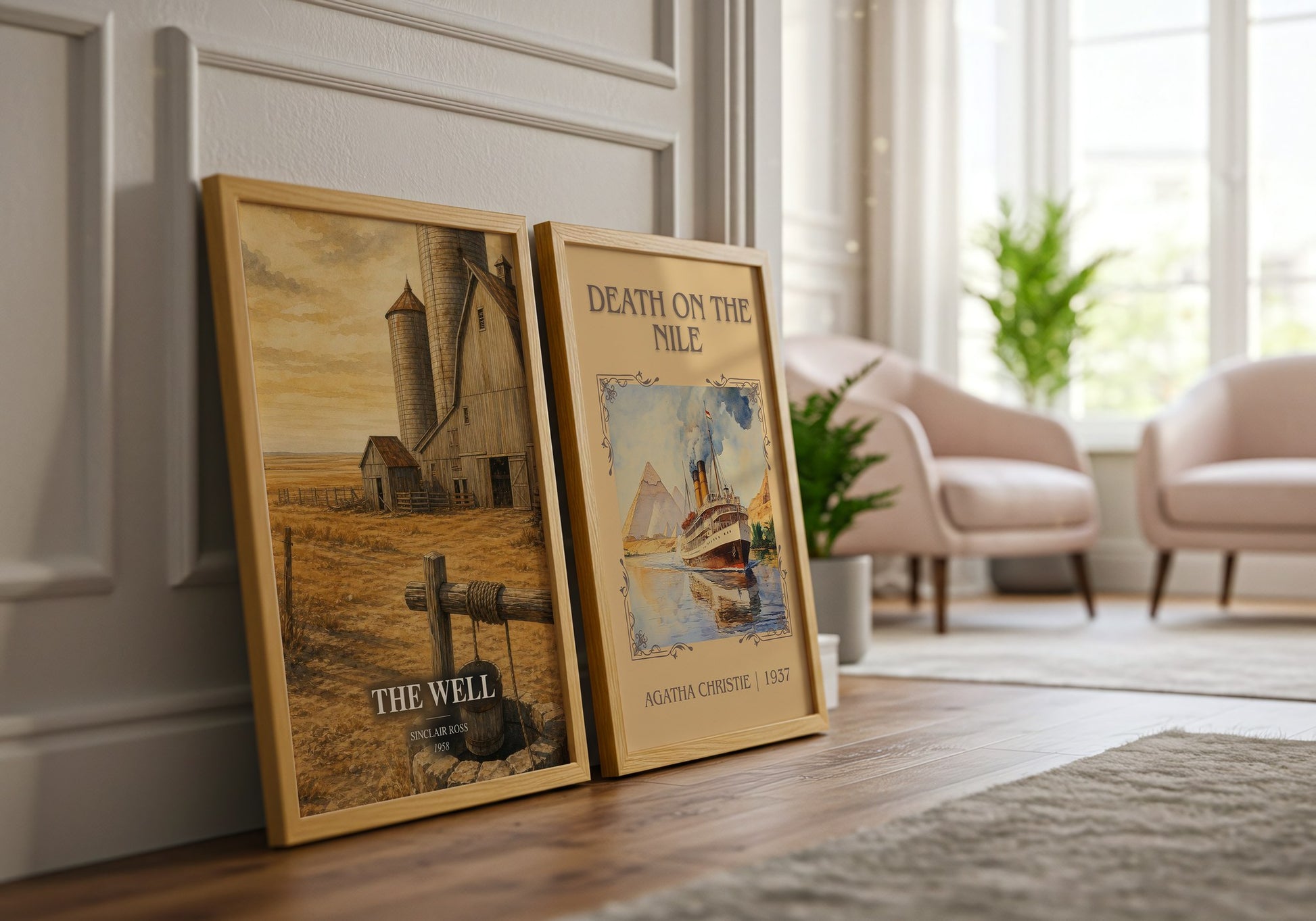 The Well watercolour print framed by window – literary home decor