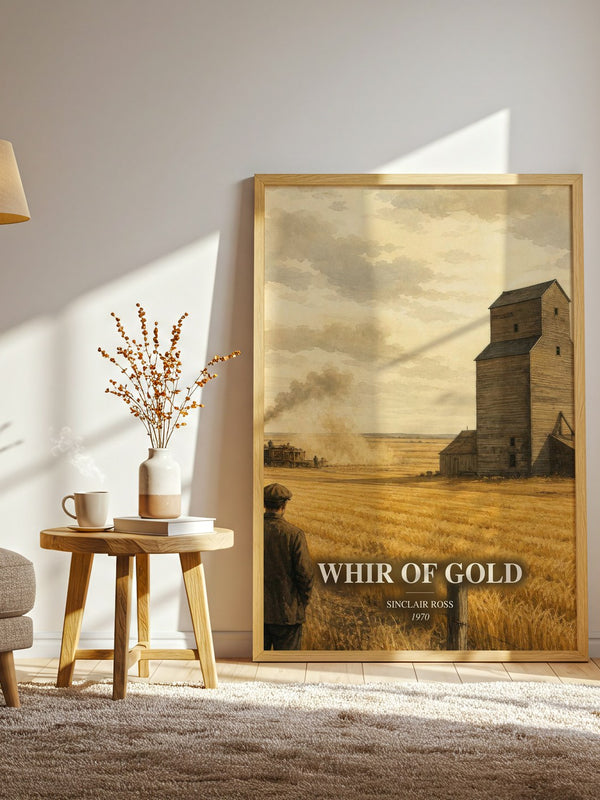 Whir Of Gold watercolour print in frame leaning in hallway – literary fiction wall art
