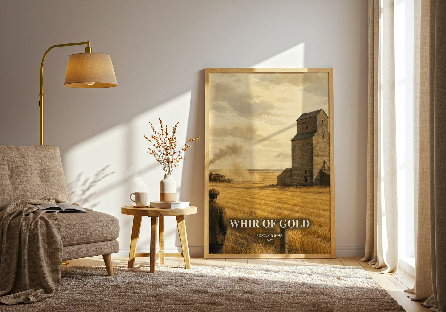 Whir Of Gold watercolour print in frame leaning in hallway – literary fiction wall art