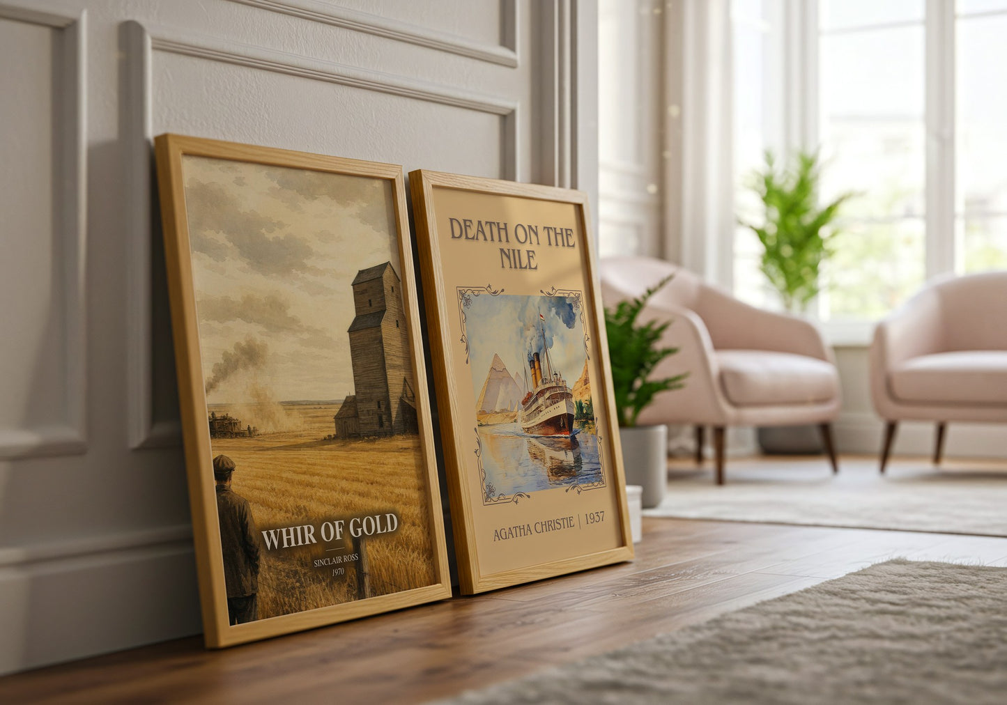 Whir Of Gold watercolour print framed by window – literary home decor