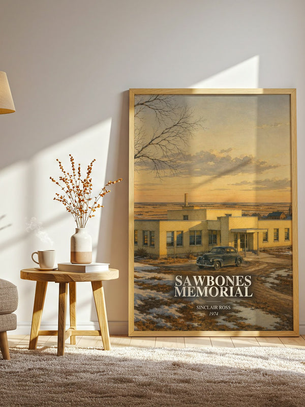 Sawbones Memorial watercolour print in frame leaning in hallway – literary fiction wall art