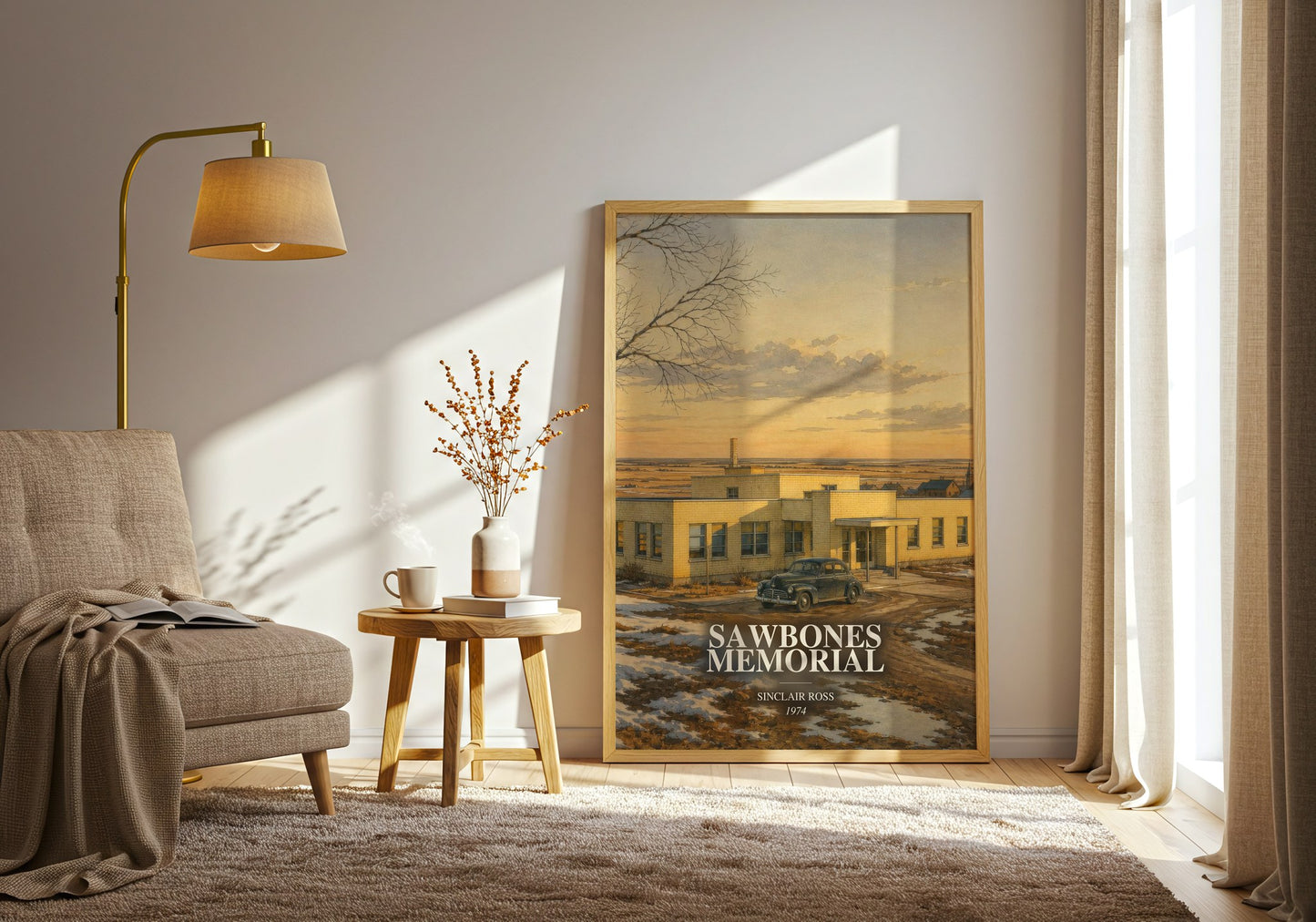 Sawbones Memorial watercolour print in frame leaning in hallway – literary fiction wall art
