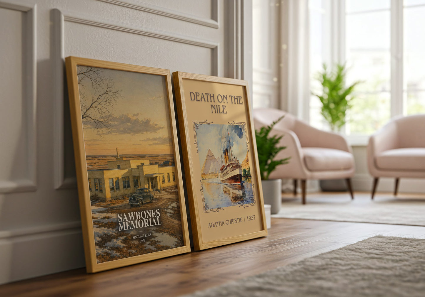 Sawbones Memorial watercolour print framed by window – literary home decor