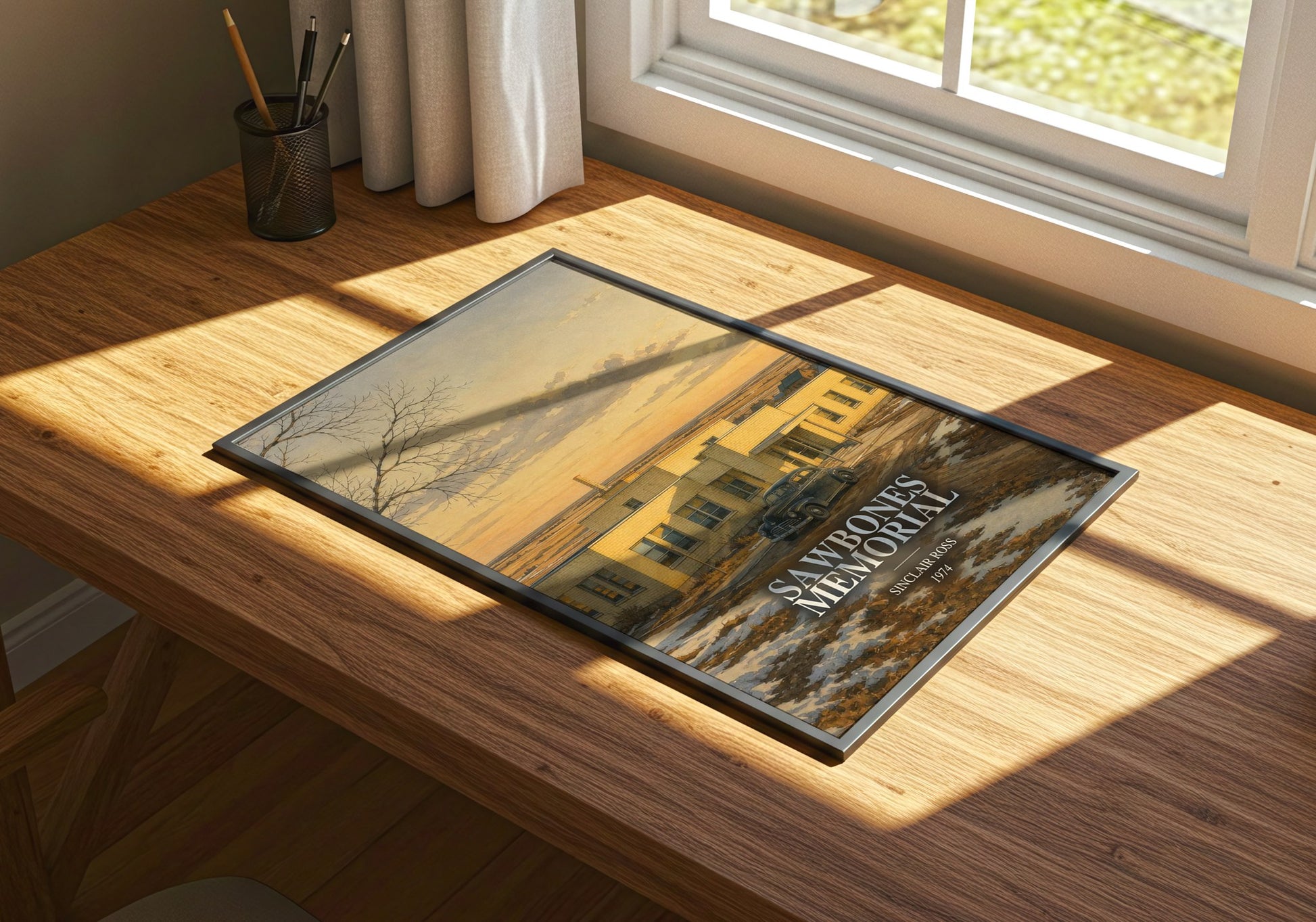 Sawbones Memorial watercolour book poster framed on wall – literary fiction wall art