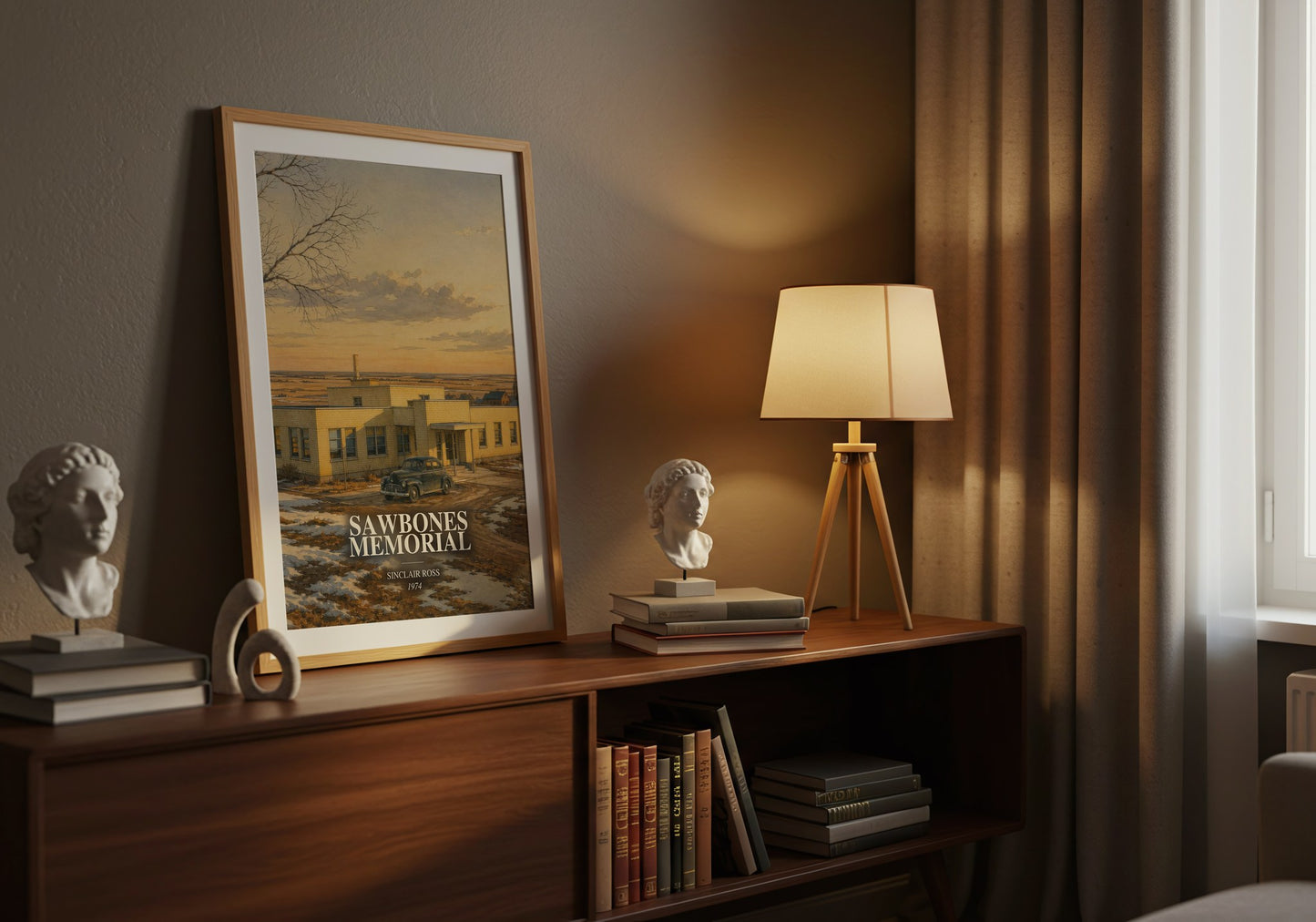 Sawbones Memorial watercolour print on bookshelf – Sinclair Ross fan gift