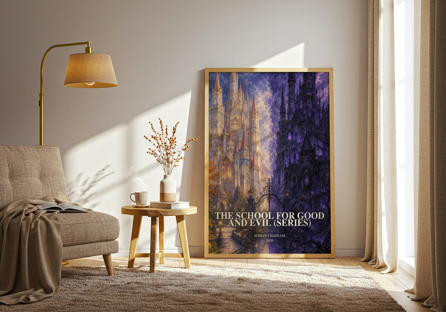 The School For Good And Evil (Series) watercolour print in frame leaning in hallway – fantasy wall art