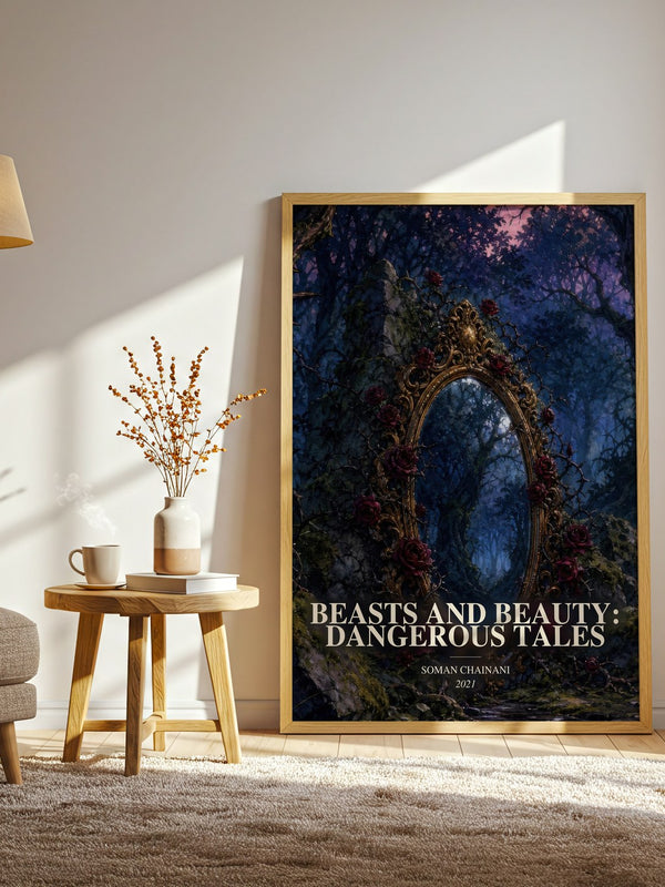 Beasts And Beauty: Dangerous Tales watercolour print in frame leaning in hallway – fantasy wall art