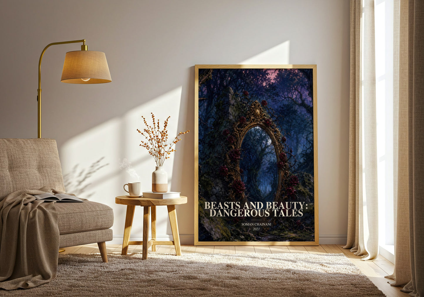 Beasts And Beauty: Dangerous Tales watercolour print in frame leaning in hallway – fantasy wall art