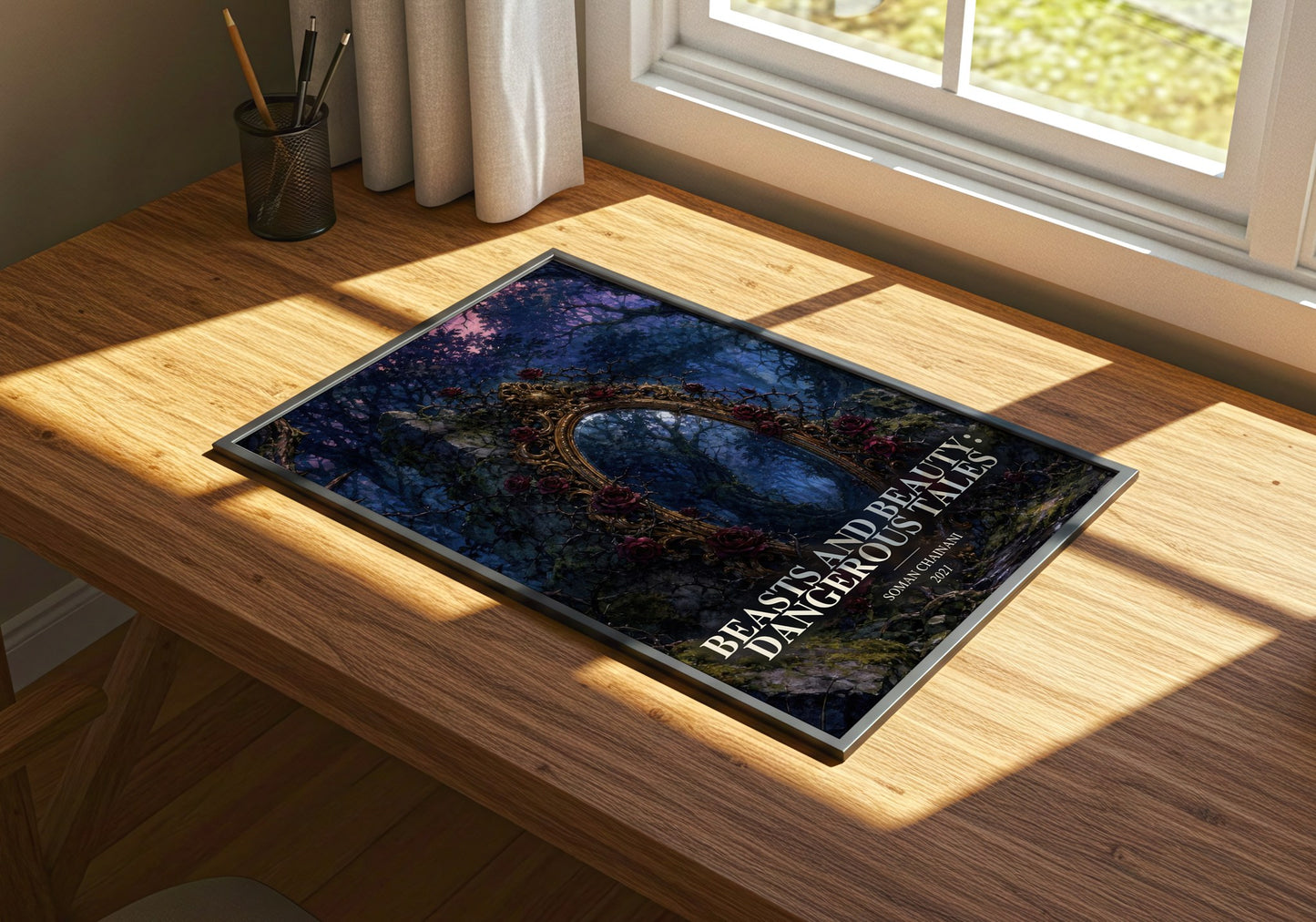 Beasts And Beauty: Dangerous Tales watercolour book poster framed on wall – fantasy wall art