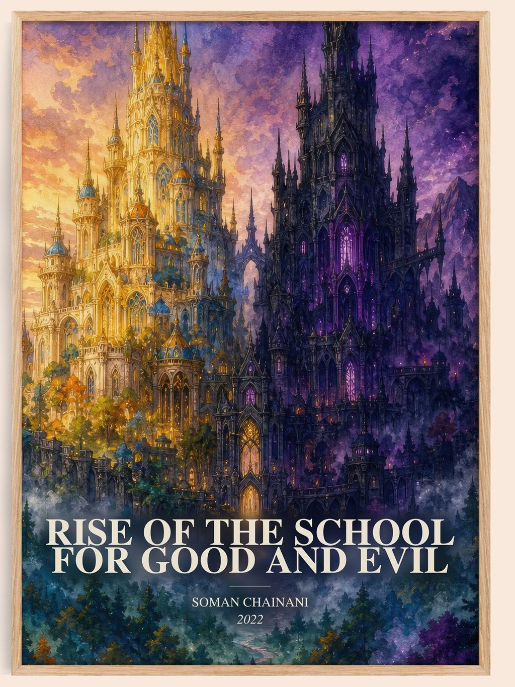 Rise Of The School For Good And Evil watercolour book poster by Soman Chainani – framed literary art print