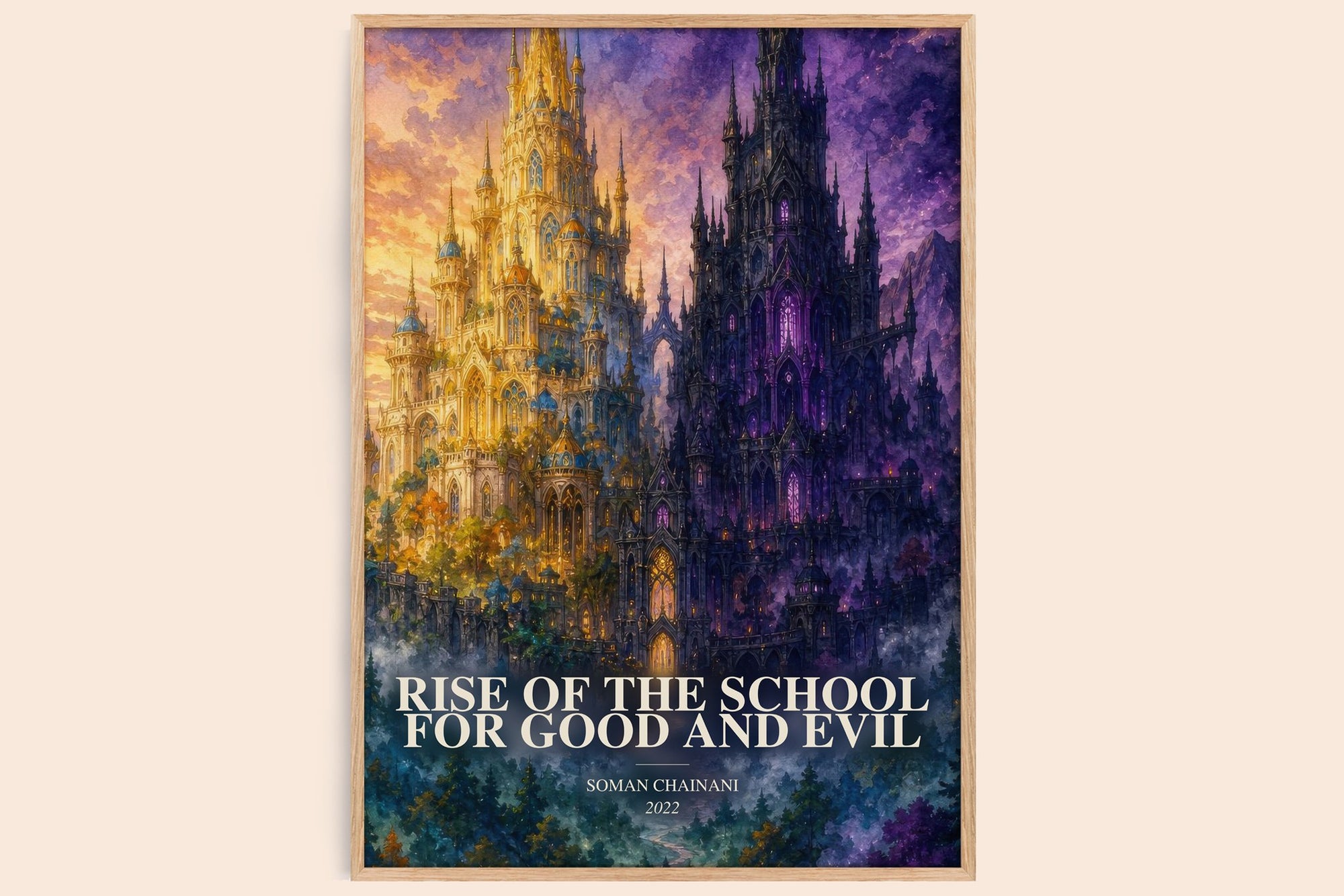 Rise Of The School For Good And Evil watercolour book poster by Soman Chainani – framed literary art print
