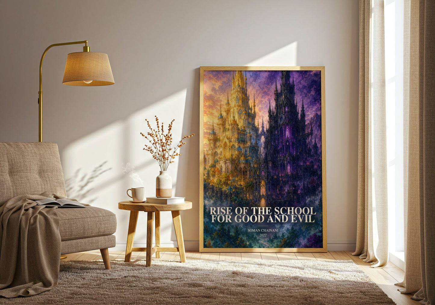 Rise Of The School For Good And Evil watercolour print in frame leaning in hallway – fantasy wall art