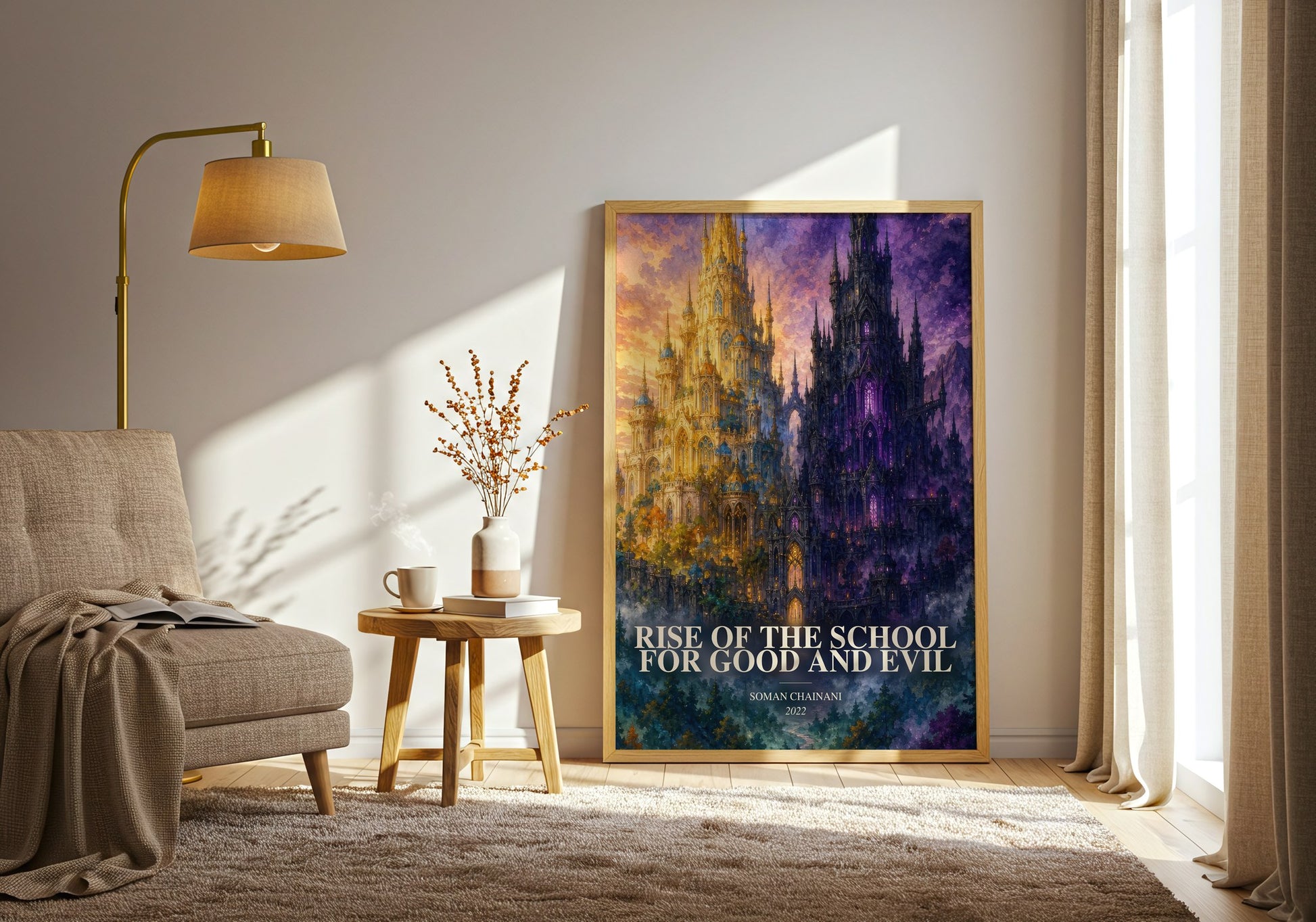 Rise Of The School For Good And Evil watercolour print in frame leaning in hallway – fantasy wall art