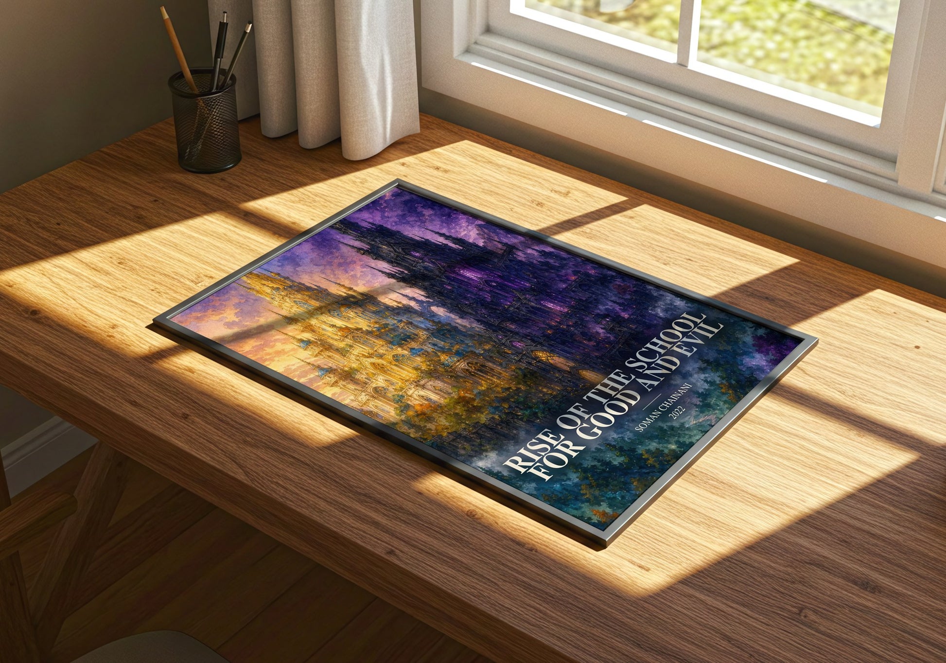 Rise Of The School For Good And Evil watercolour book poster framed on wall – fantasy wall art