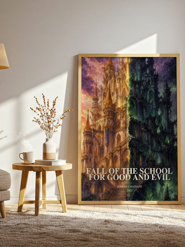 Fall Of The School For Good And Evil watercolour print in frame leaning in hallway – fantasy wall art