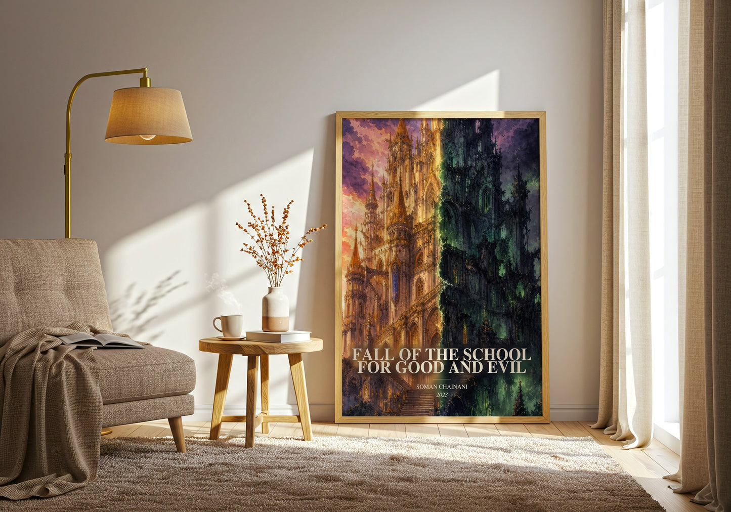 Fall Of The School For Good And Evil watercolour print in frame leaning in hallway – fantasy wall art