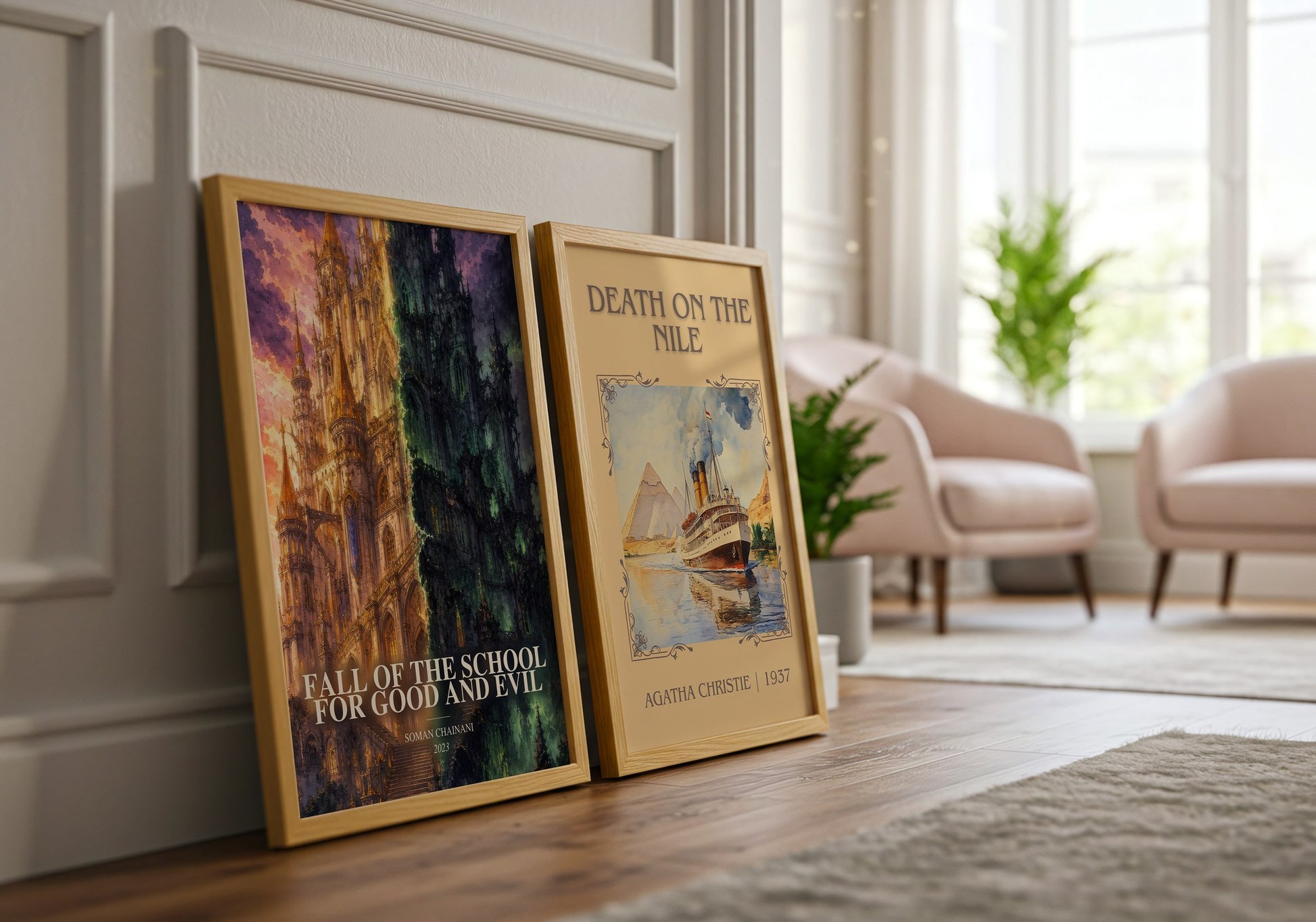 Fall Of The School For Good And Evil watercolour print framed by window – literary home decor