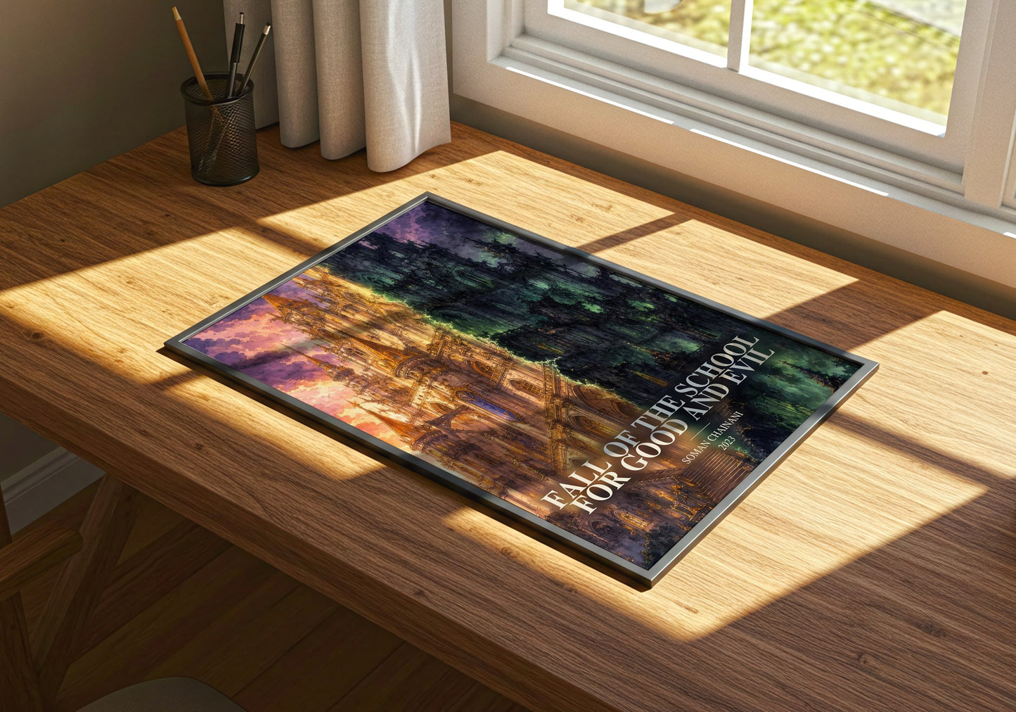 Fall Of The School For Good And Evil watercolour book poster framed on wall – fantasy wall art