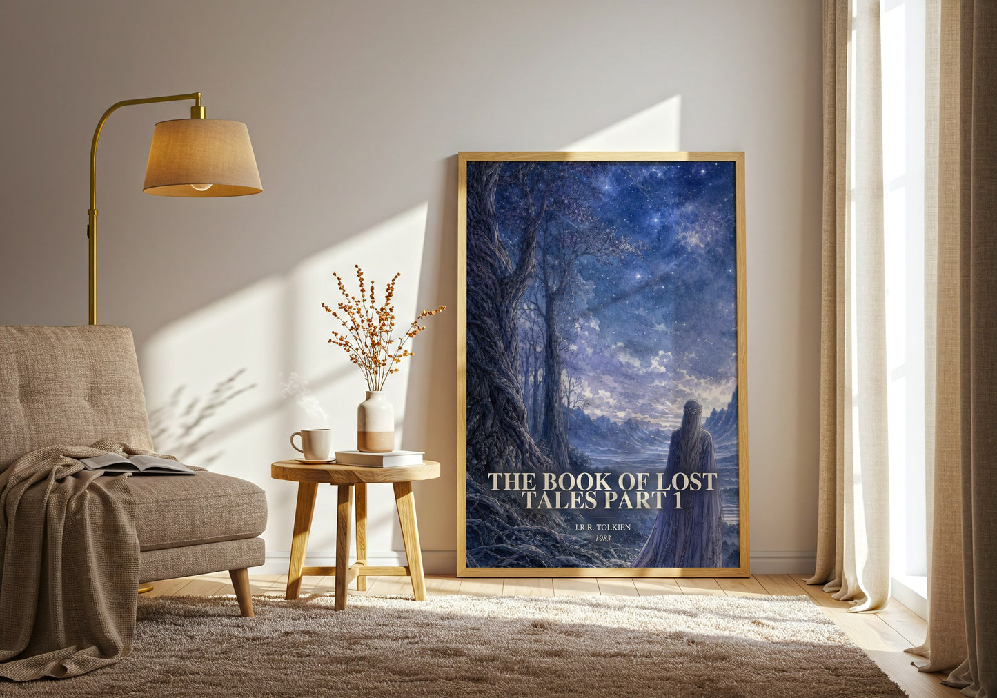 The Book Of Lost Tales Part 1 watercolour print in frame leaning in hallway – fantasy wall art