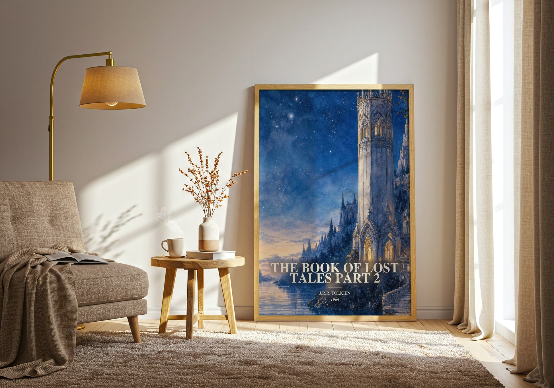 The Book Of Lost Tales Part 2 watercolour print in frame leaning in hallway – fantasy wall art