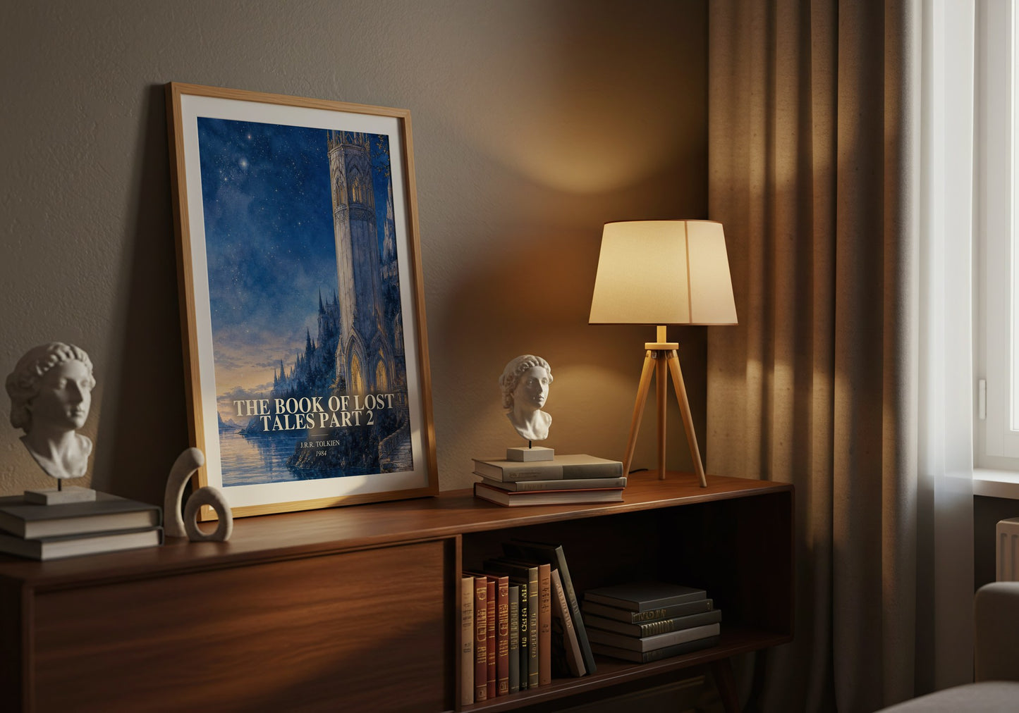 The Book Of Lost Tales Part 2 watercolour print on bookshelf – J.R.R. Tolkien fan gift