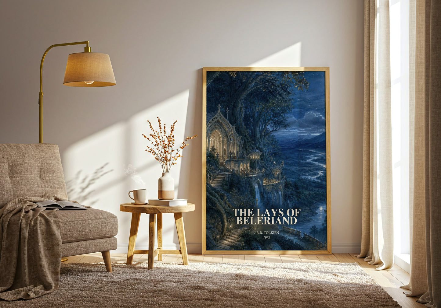 The Lays Of Beleriand watercolour print in frame leaning in hallway – fantasy wall art