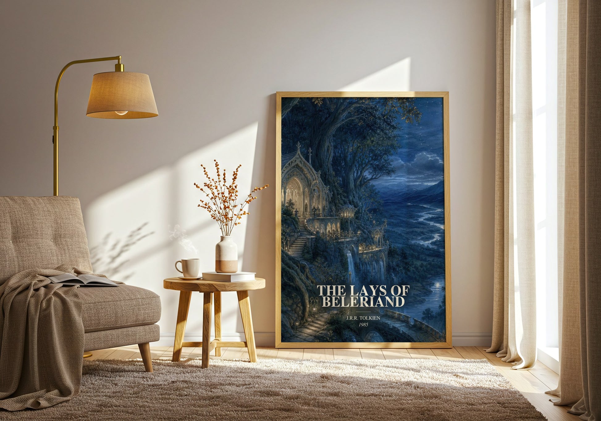 The Lays Of Beleriand watercolour print in frame leaning in hallway – fantasy wall art