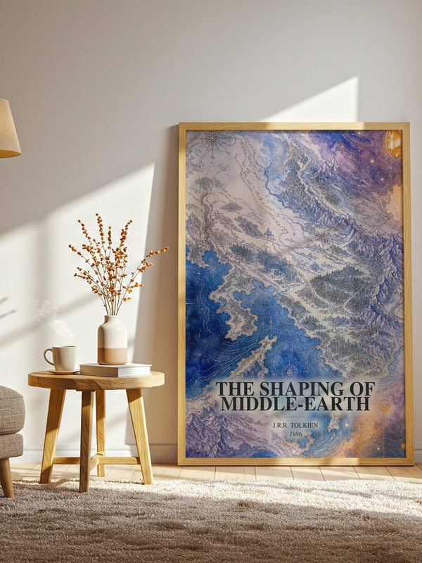 The Shaping Of Middle-Earth watercolour print in frame leaning in hallway – fantasy wall art