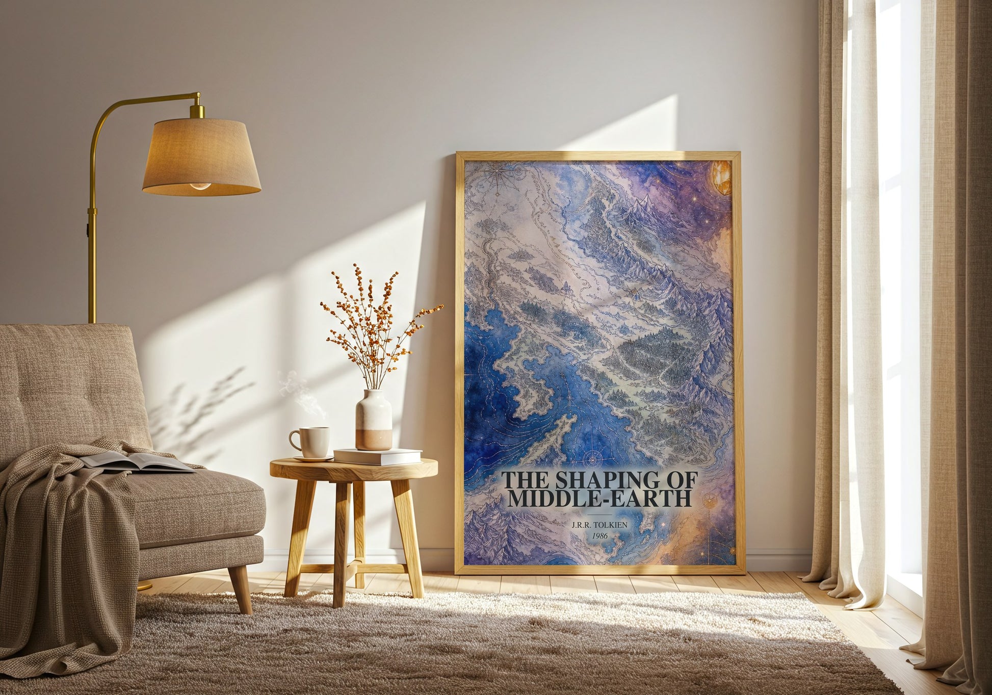 The Shaping Of Middle-Earth watercolour print in frame leaning in hallway – fantasy wall art
