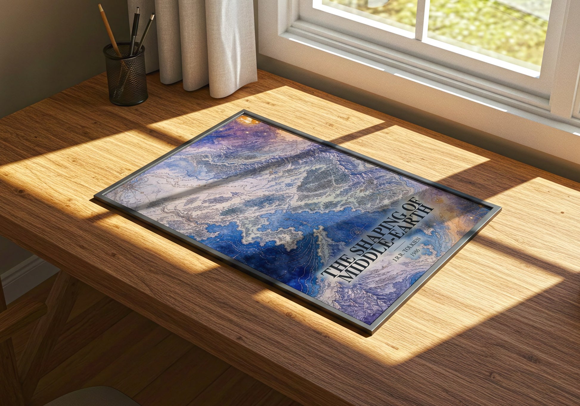 The Shaping Of Middle-Earth watercolour book poster framed on wall – fantasy wall art