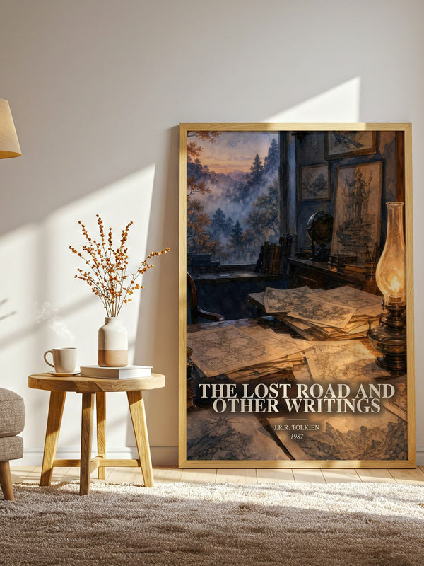 The Lost Road And Other Writings watercolour print in frame leaning in hallway – fantasy wall art