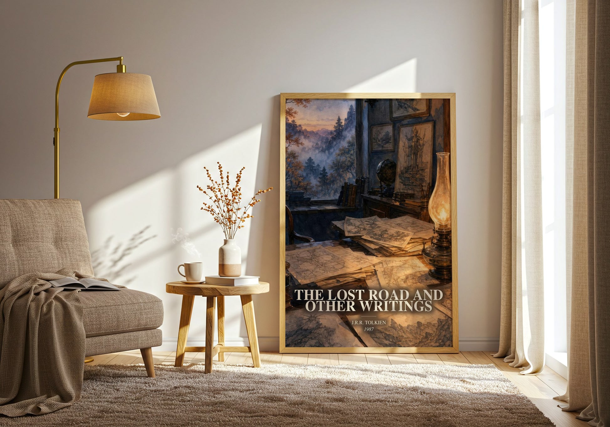 The Lost Road And Other Writings watercolour print in frame leaning in hallway – fantasy wall art